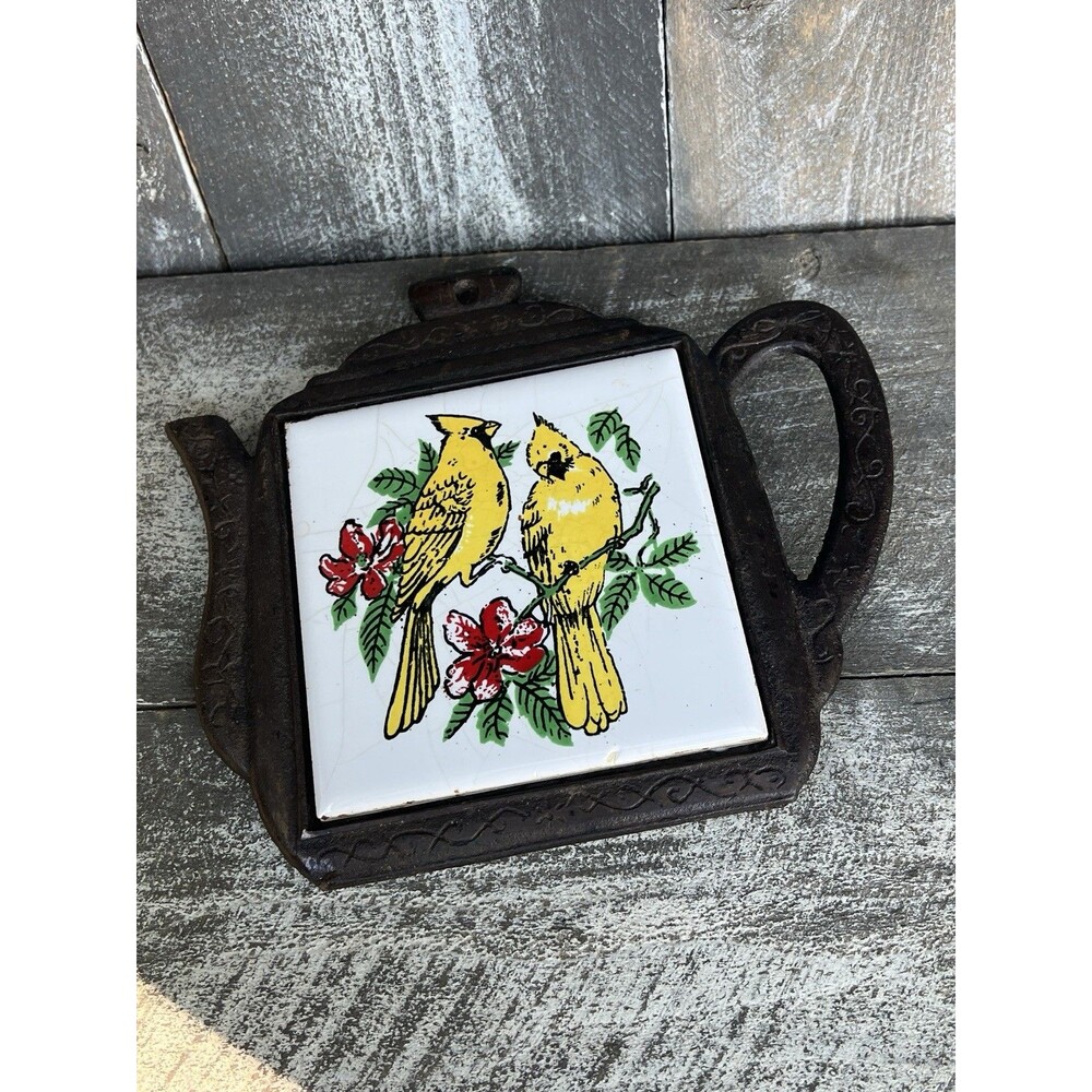 Cast Iron & Ceramic Tile Trivet Or Wall Decor  Hand Painted Cardinal Vintage